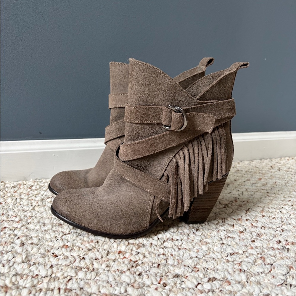 Naughty Monkey Taupe Suede Fringe Heeled Boots Size 8